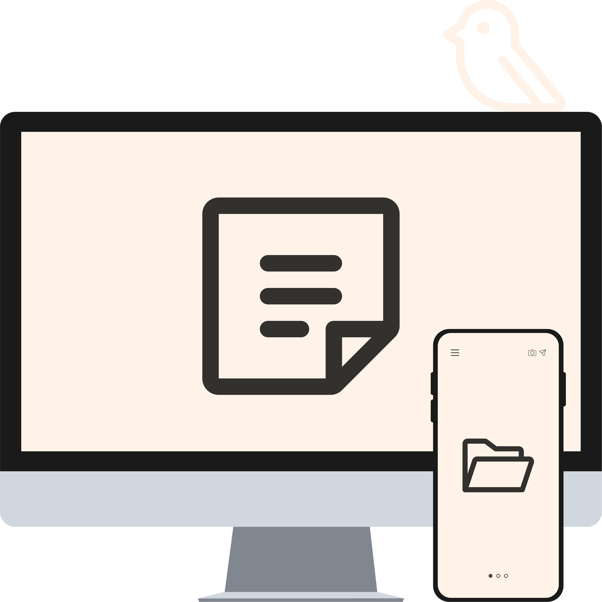 Ilustración de dos dispositivos electrónicos que son una computadora y un teléfono móvil con una pequeña ave parada en uno de ellos; el estilo es minimalista.