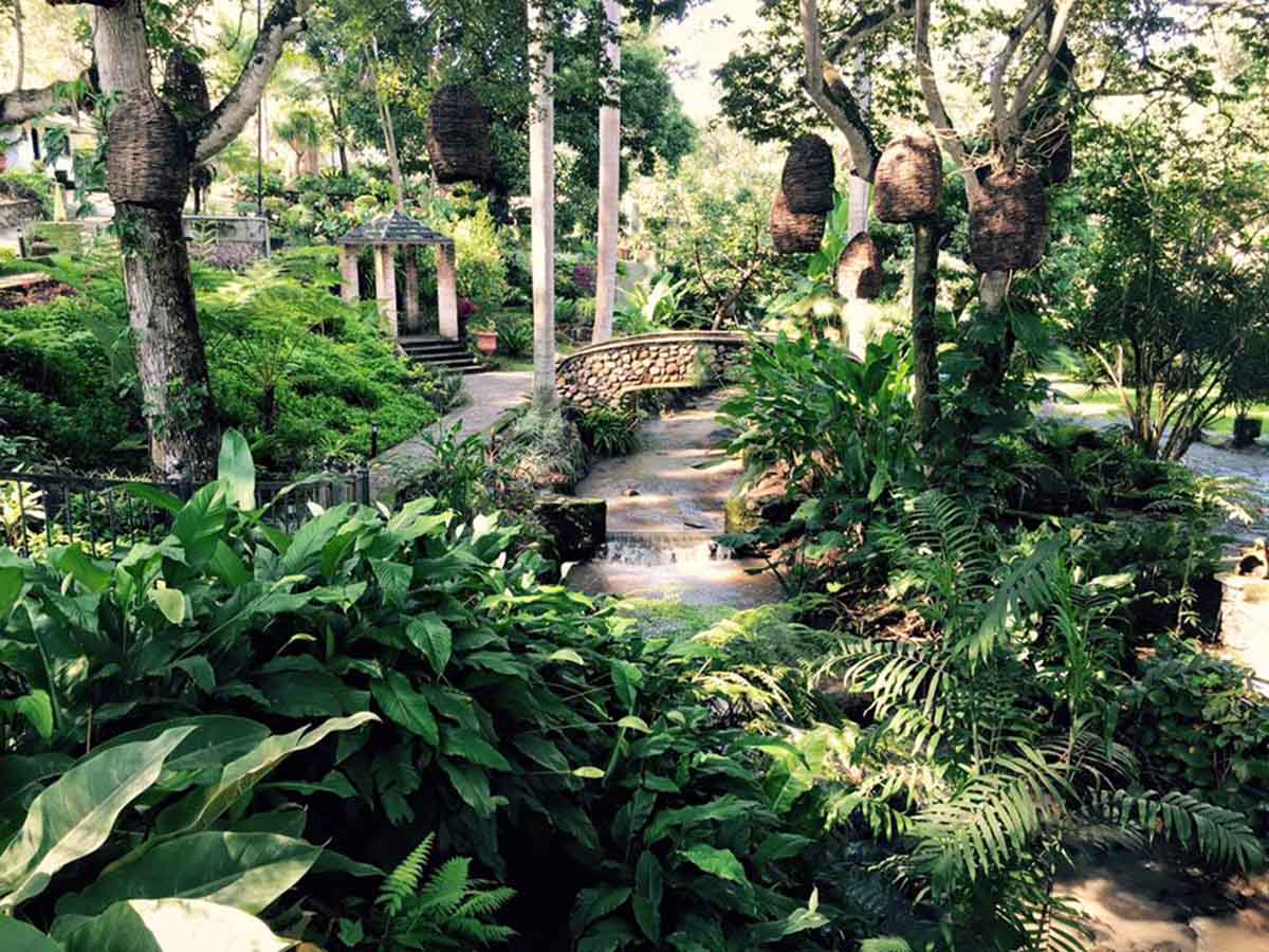 Área de Quinta Pichón con un río y puente estilo rústico, hecho de mampostería.