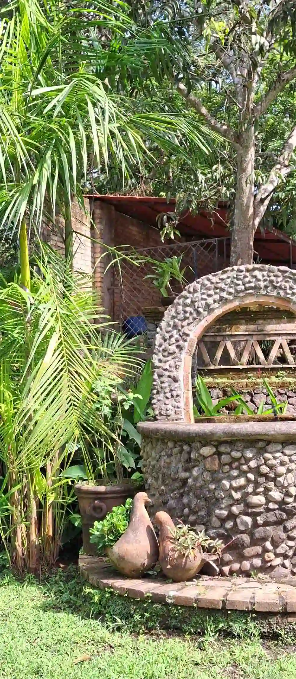Jardín de quinta con estructuras de estilo rústico; está rodeado de árboles y vegetación.