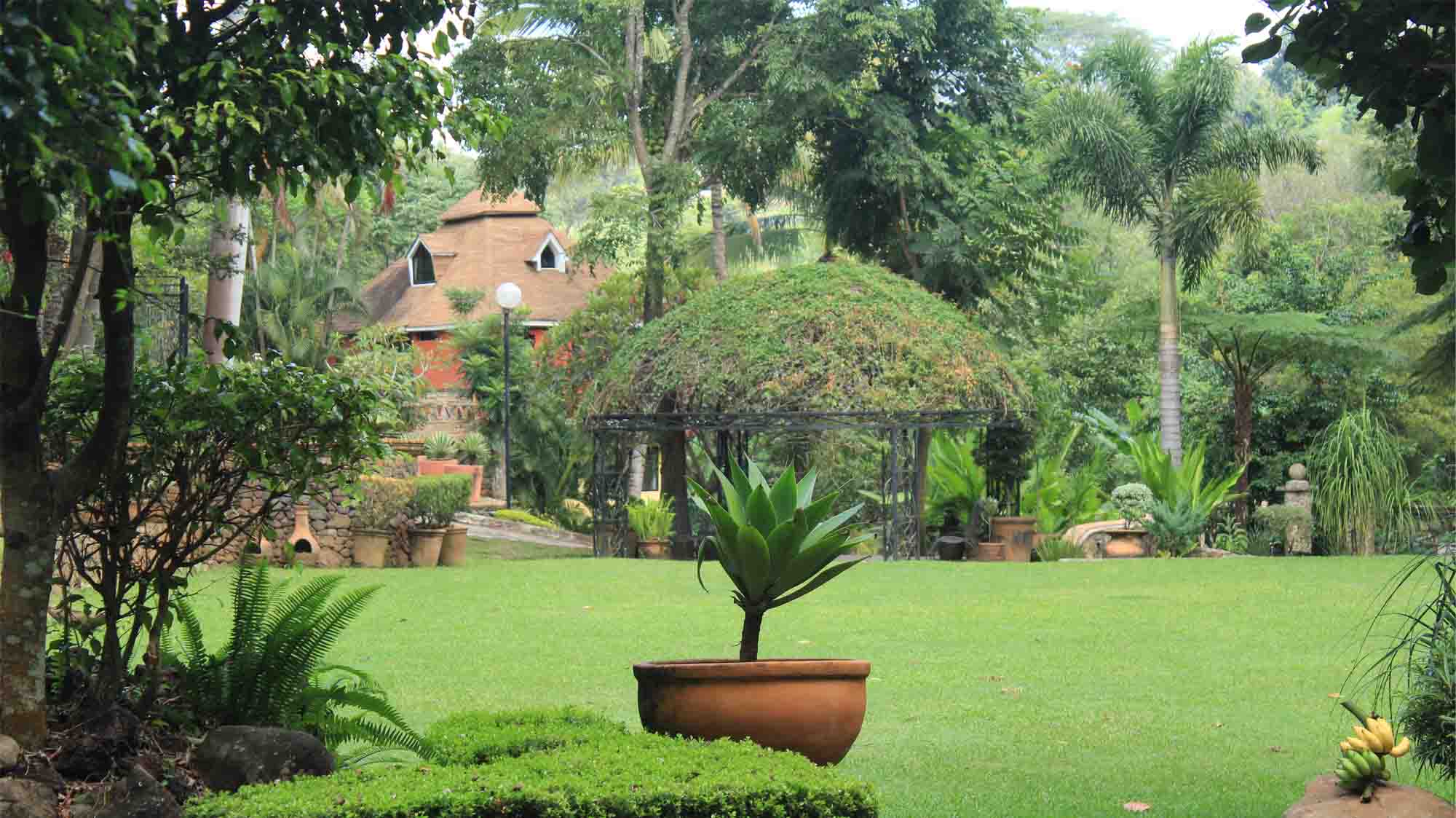 Jardín de Quinta Pichón con abundante vegetación y jardineras