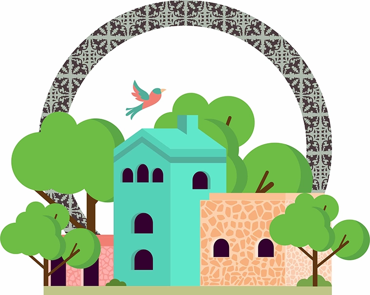 Ilustración en vectores de las instalaciones de Quinta Pichón con la icónica ave y ornamentos representativos de la arquitectura.