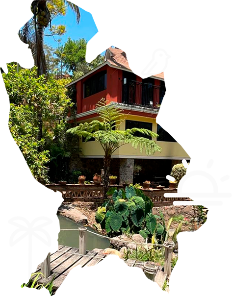 Composición grafica con ilustraciones de tres cosas icónicas Quinta Pichón que son el clima y un ave, también una imagen representando el estado de Nayarit y una sección de las instalaciones de Quinta Pichón.