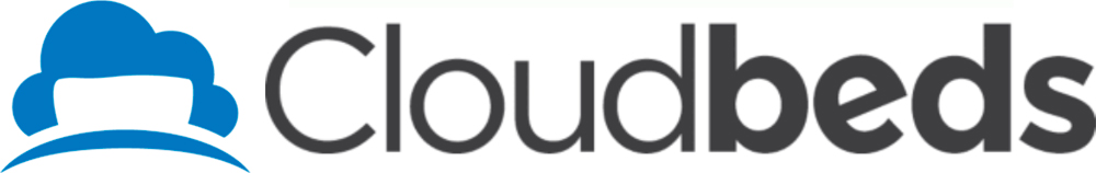 Logotipo de la plataforma de hospedaje Cloudbeds, colores azules y gris.