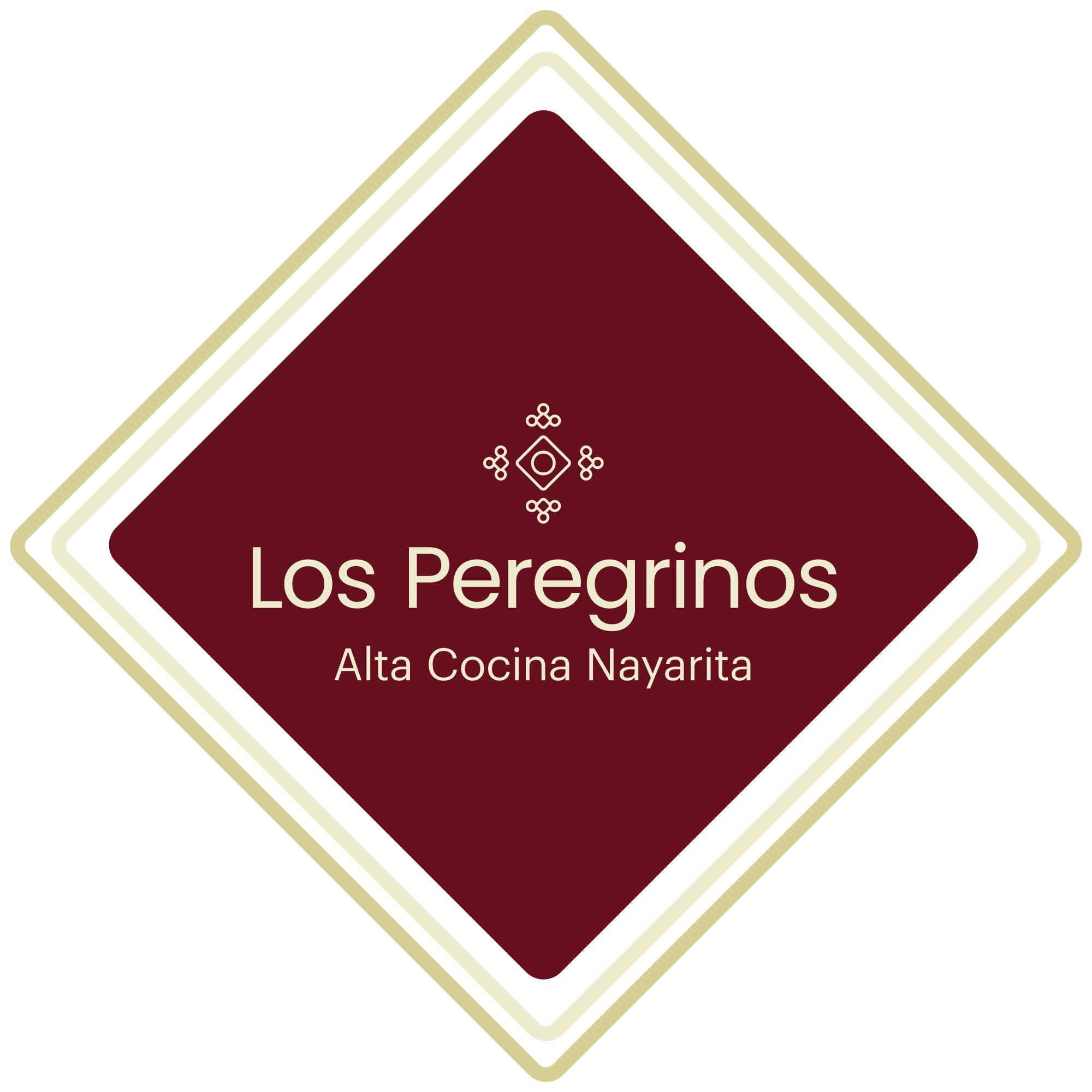Logotipo del restaurante Los Peregrinos Alta Cocina Nayarita; el logo está formado por una tipografía sans serif y un icono formado de formas geométricas que representan un lugar rodeado de volcanes.