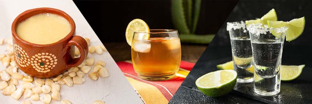Bebidas típicas de Nayarit, servidas en distintos recipientes y acompañadas con distintos frutos.