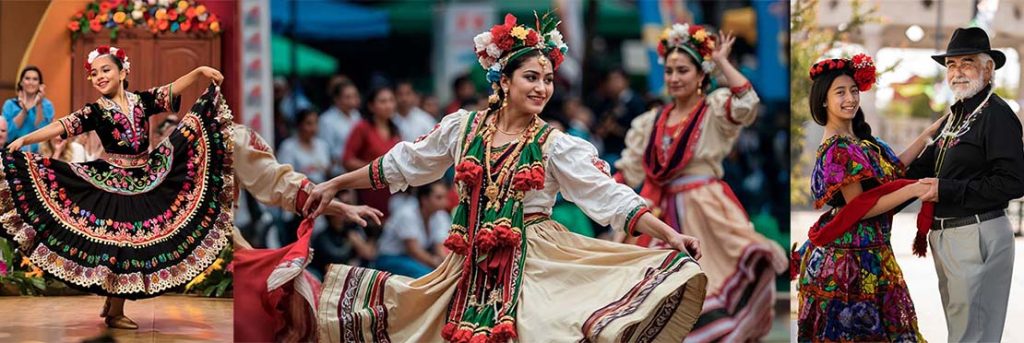Bailarines realizado danza típica de la región de Nayarit, con el atuendo típico, con distintos colores y ornamentos.